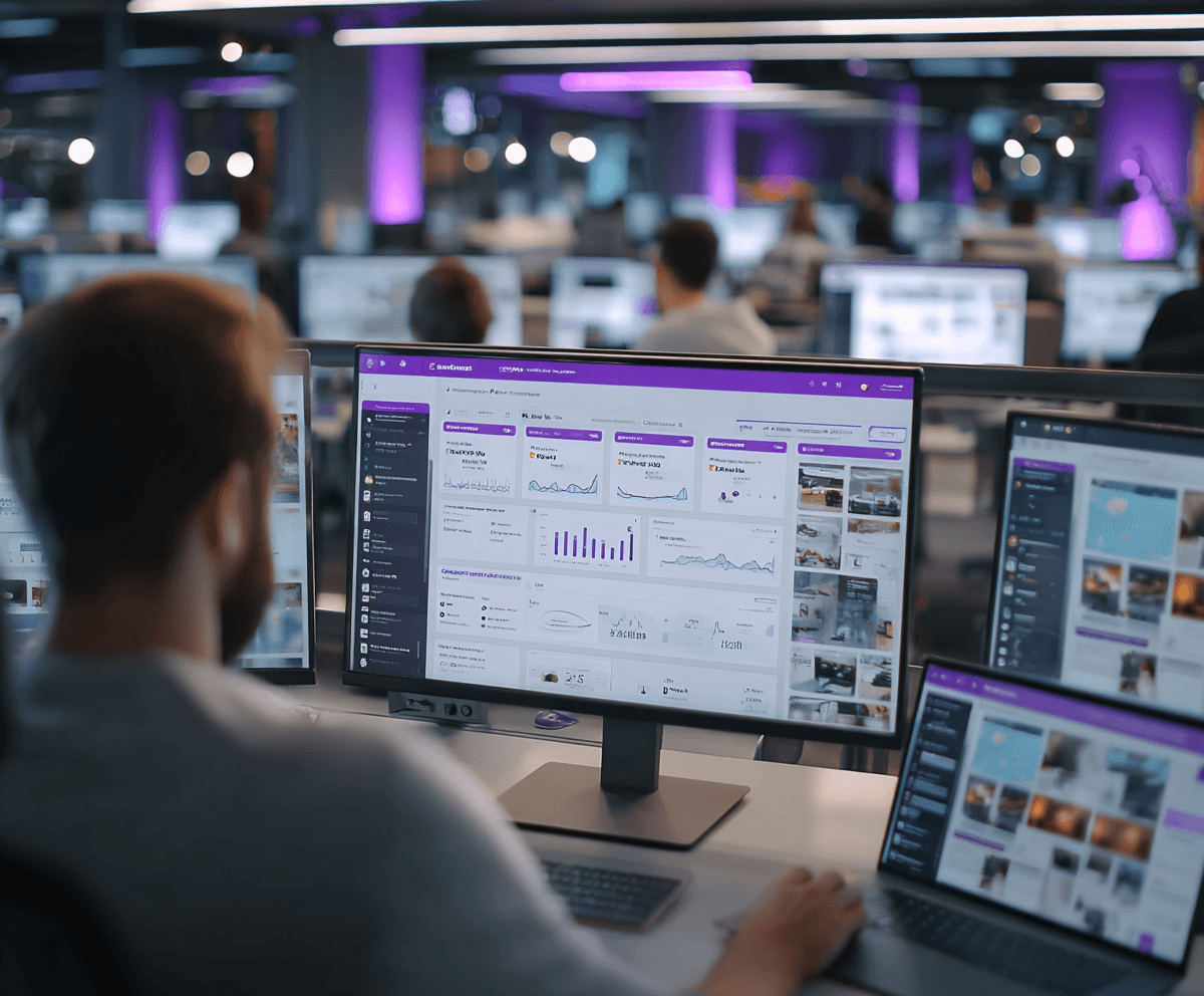 Enterprise portal workspace with connected desktop monitors