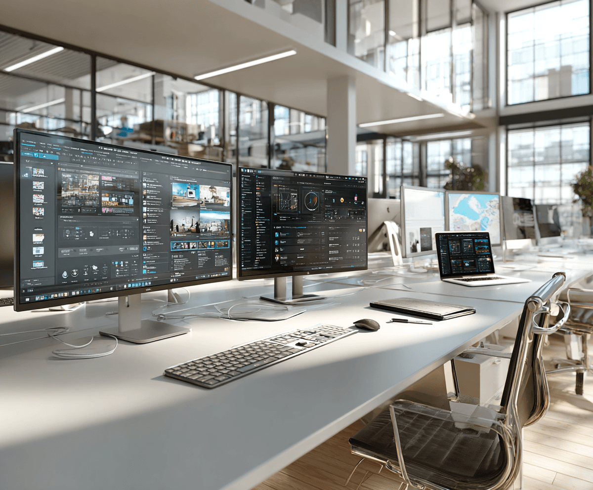 Business systems integration workspace with analytics monitors